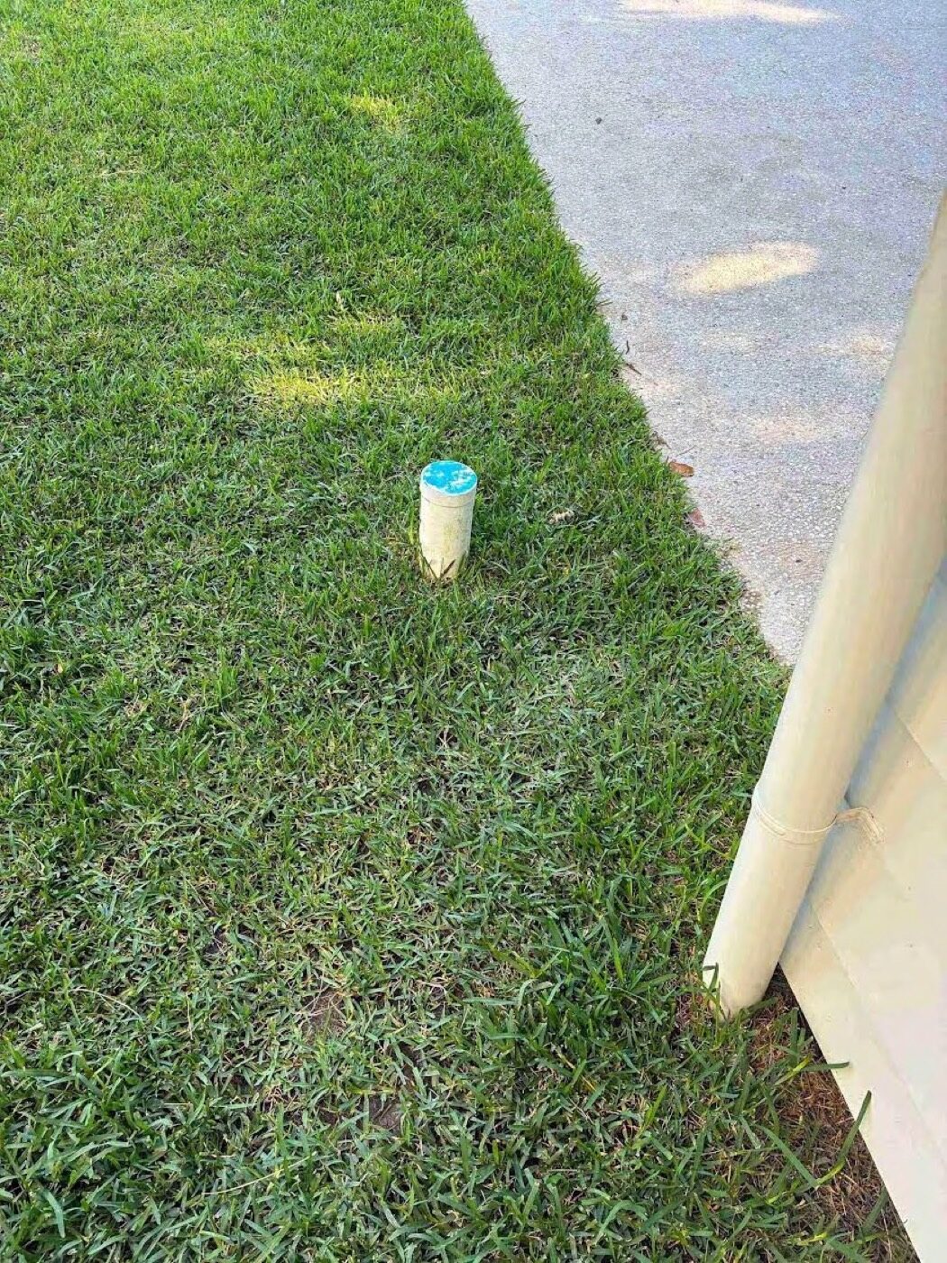 Exposed capped stormwater pipe stub sticking out of the lawn before work