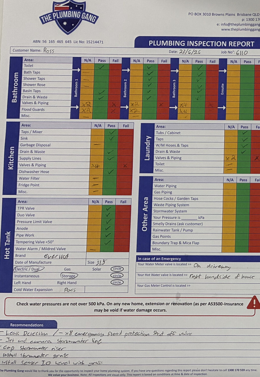 The Plumbing Gang Plumbing Inspection Report for the Corinda property dated 23 June 2026