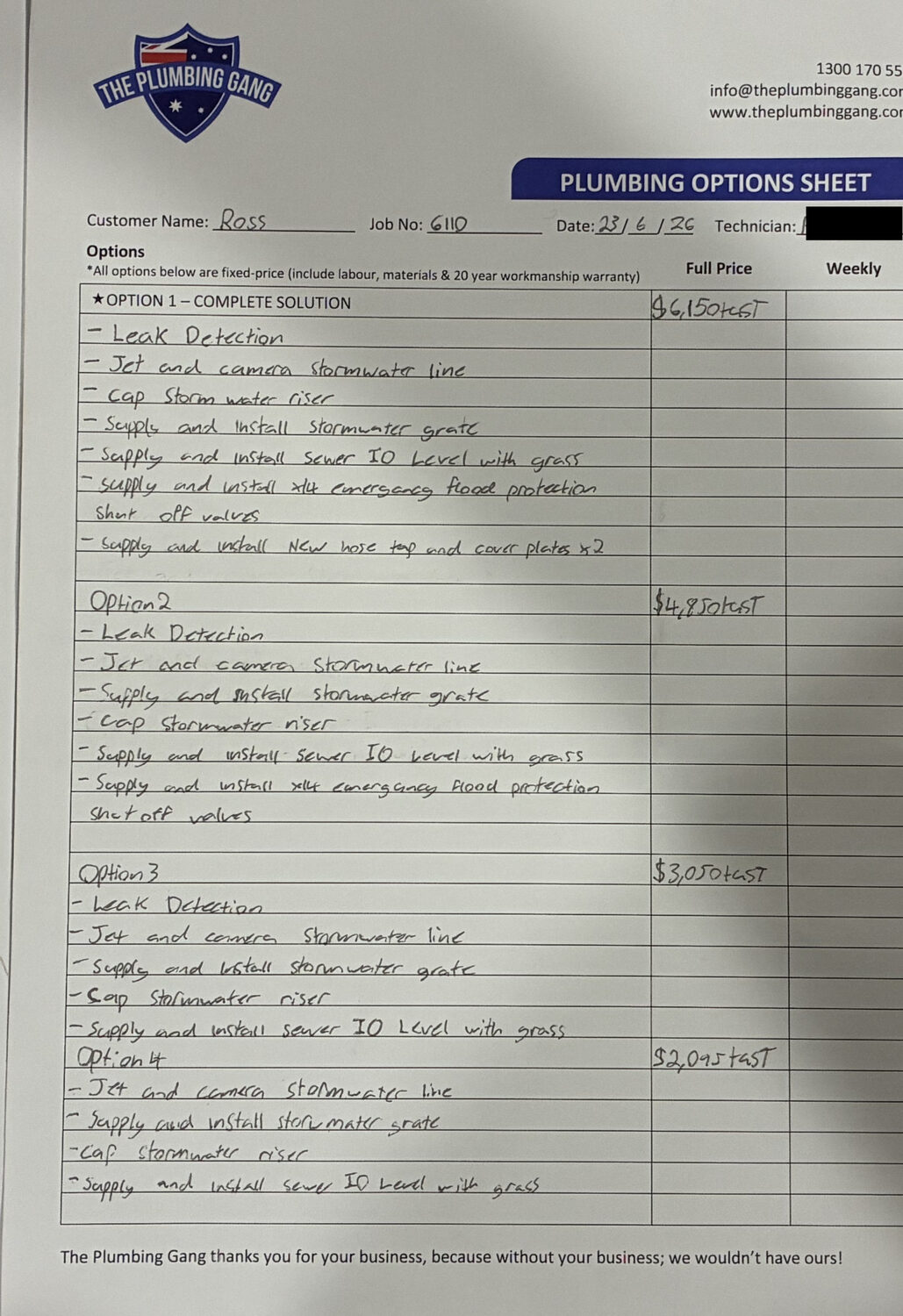 The Plumbing Gang Plumbing Options Sheet showing quote Options 1 to 4, from $6,150 to $2,095 plus GST