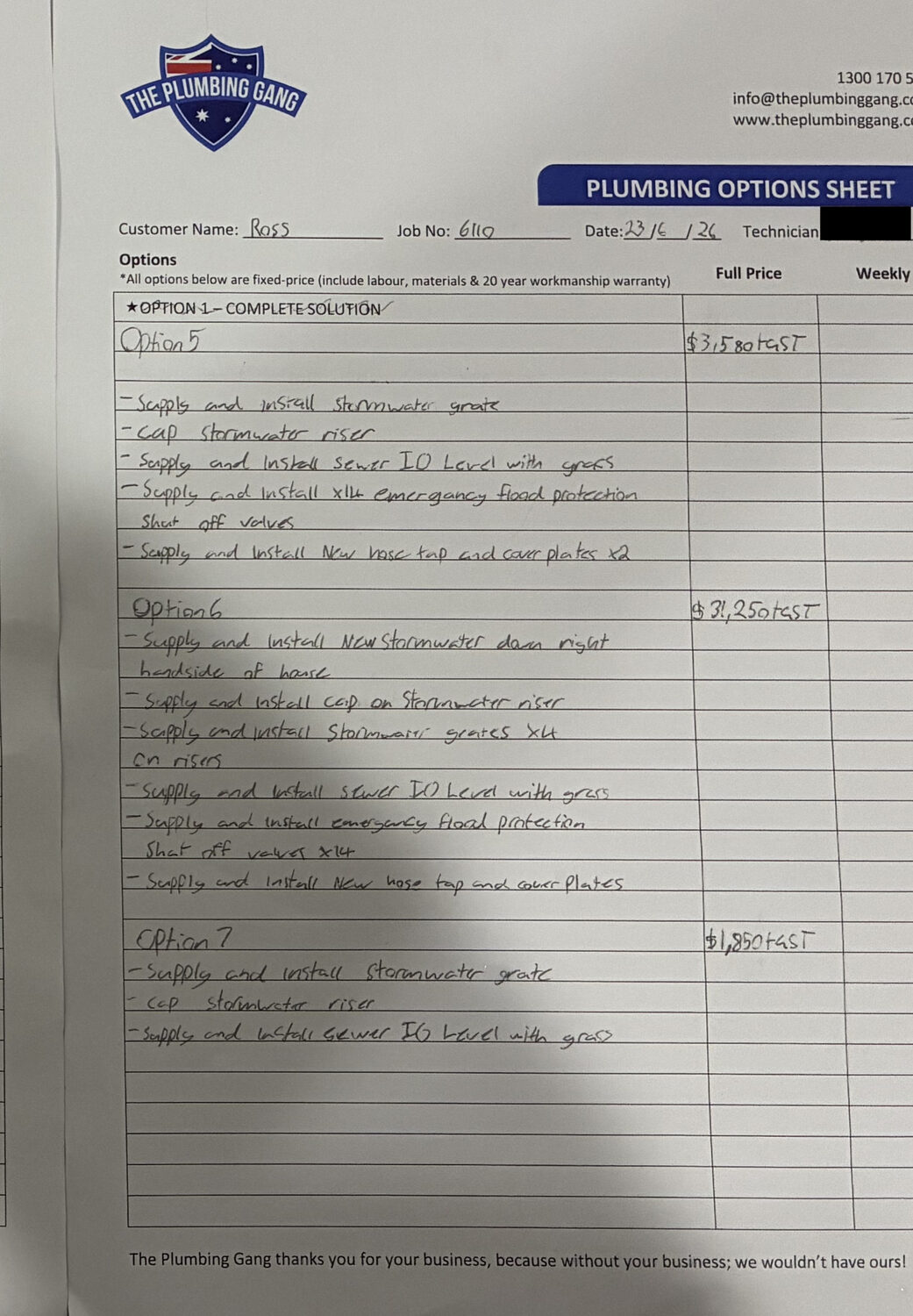 The Plumbing Gang Plumbing Options Sheet showing quote Options 5 to 7, including the accepted Option 7 at $1,850 plus GST